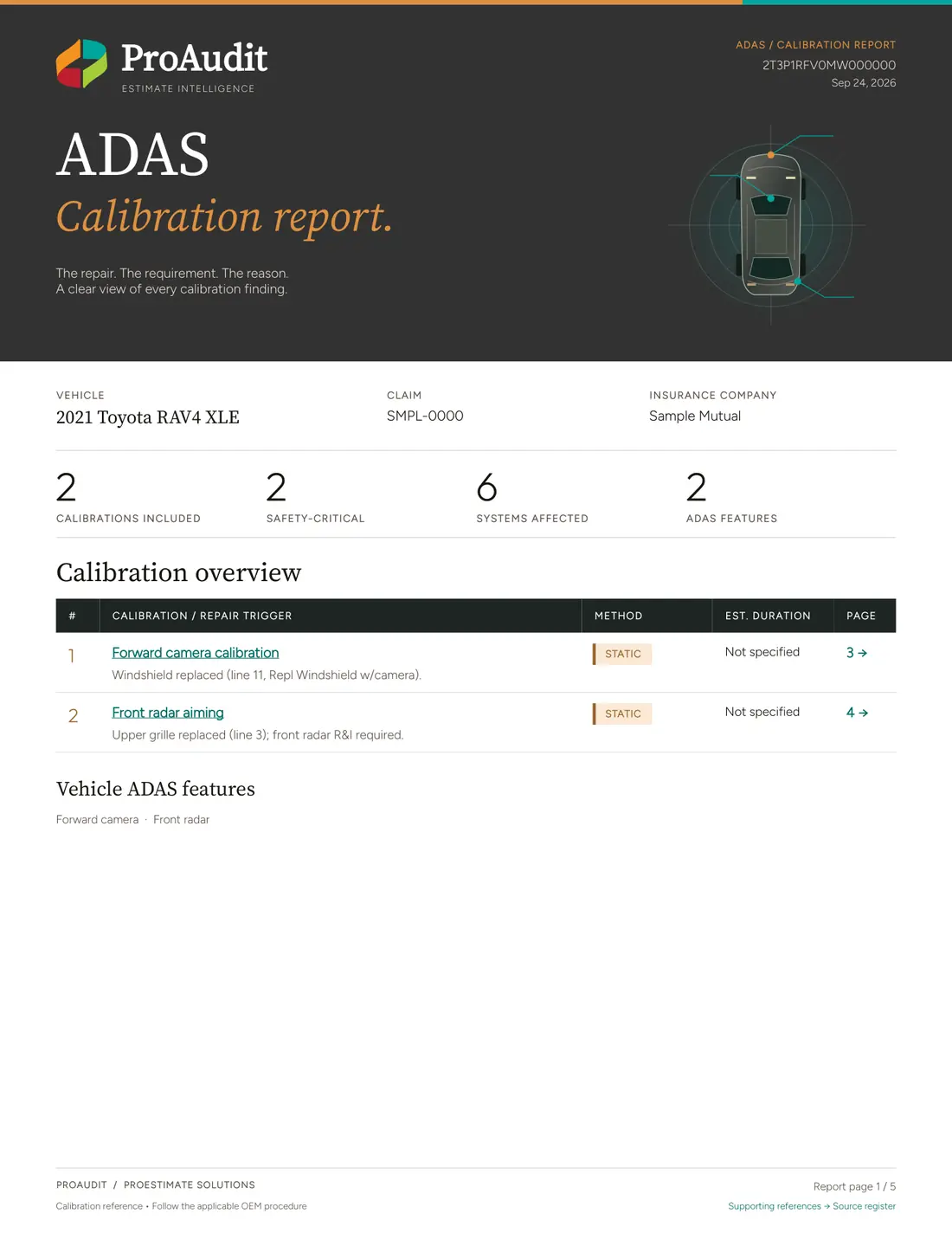 ADAS calibration report, page 1 of 5