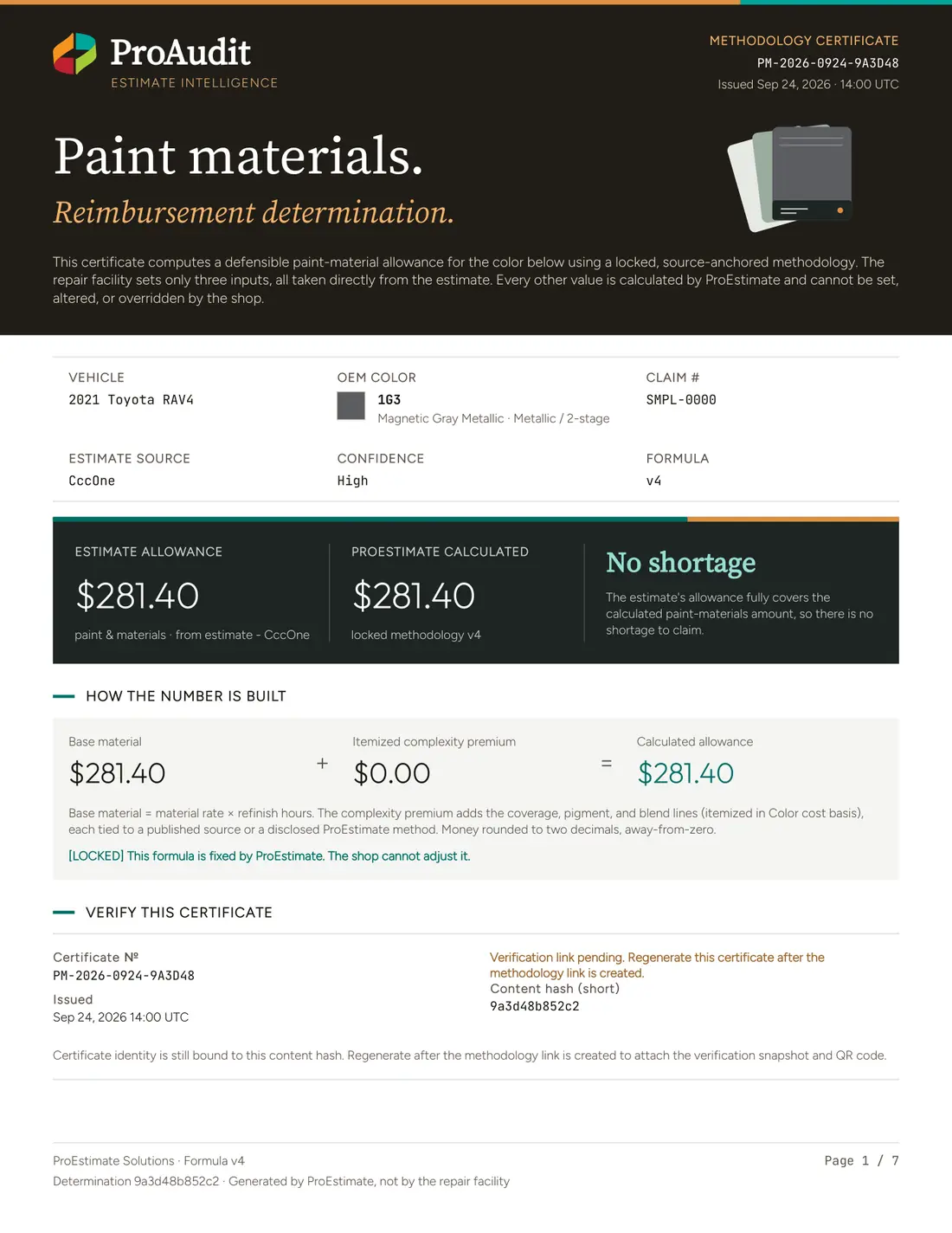 Paint materials certificate, page 1 of 7