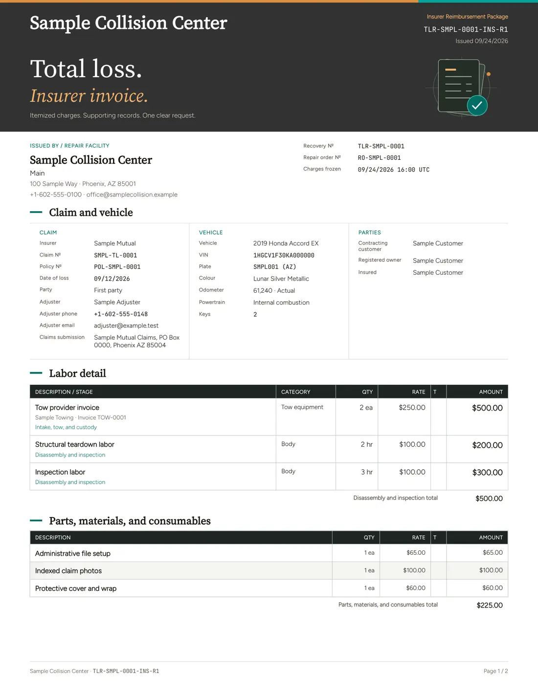 Total loss insurer invoice, page 1 of 2